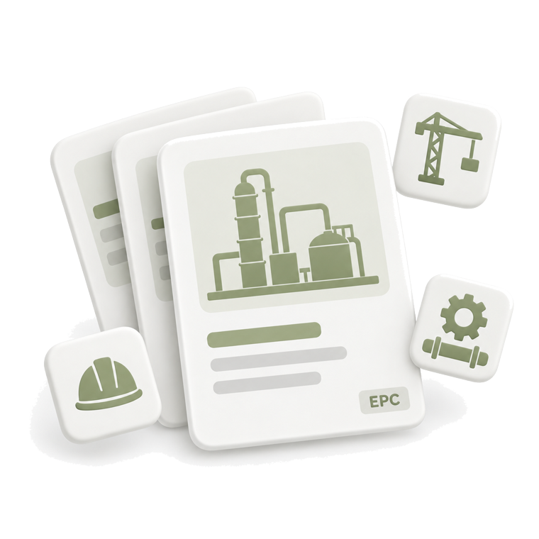Three stacked EPC tender documents with plant, crane, hard hat and pipework marks