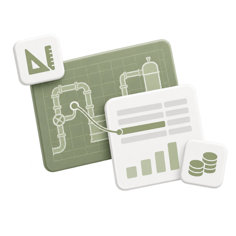 A piping blueprint beside a priced schedule with a bar chart and a stack of coins