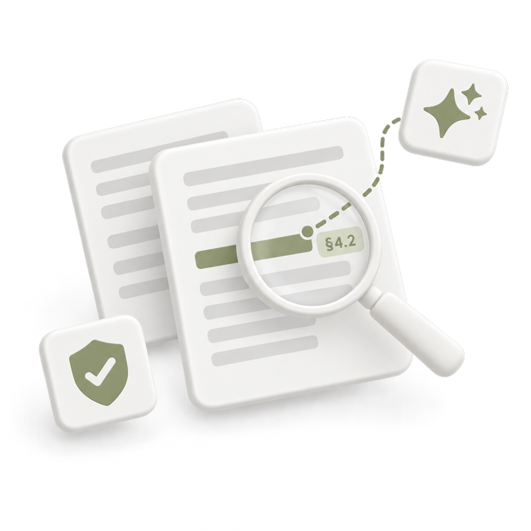 Two documents under a magnifier picking out clause 4.2, with a shield check
